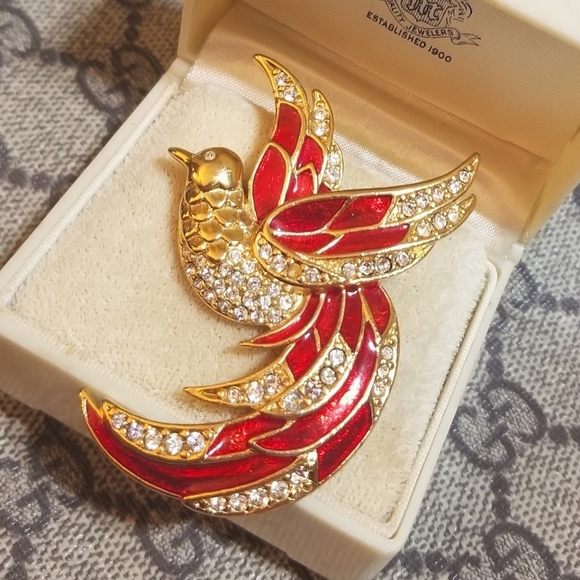 Vintage Designer Giorgio Red Enamel Crystal Bird Brooch - Picture 3 of 4